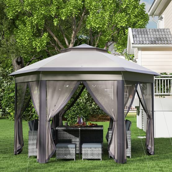 Tente pliante 4 x 3,4 m avec double toit, 6 moustiquaires amovibles et sac de transport anti-UV, marron et beige - Image 9