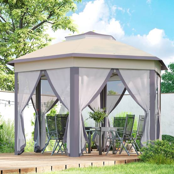 Tente pliante 4 x 3,4 m avec double toit, 6 moustiquaires amovibles et sac de transport anti-UV, marron et beige - Image 4