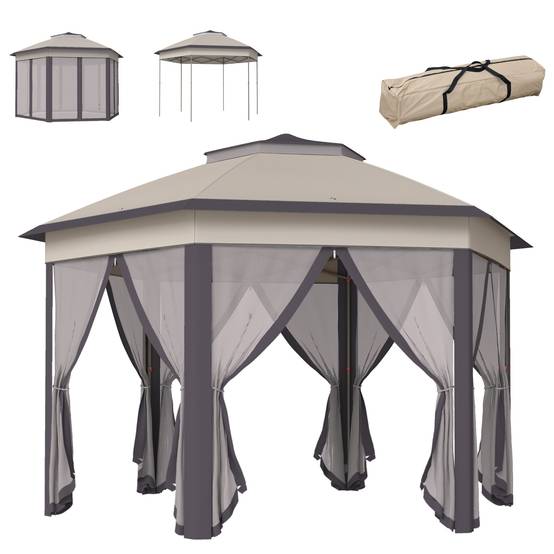 Tente pliante 4 x 3,4 m avec double toit, 6 moustiquaires amovibles et sac de transport anti-UV, marron et beige - Image 1