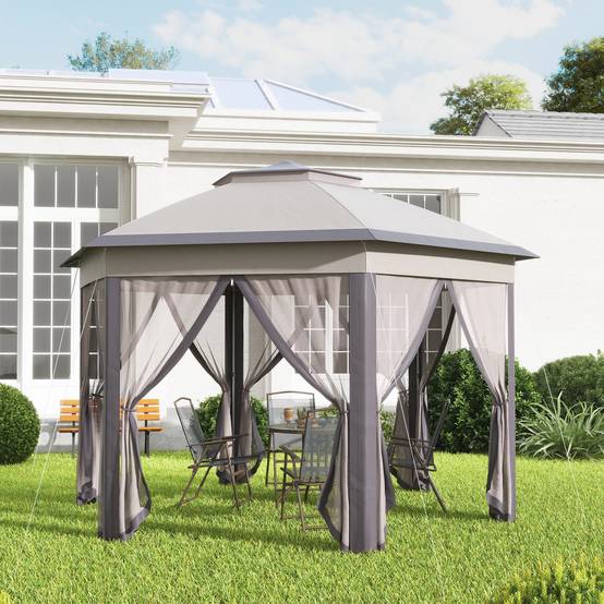 Tente pliante 4 x 3,4 m avec double toit, 6 moustiquaires amovibles et sac de transport anti-UV, marron et beige - Image 10