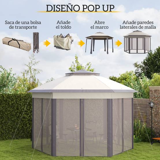 Tente pliante 4 x 3,4 m avec double toit, 6 moustiquaires amovibles et sac de transport anti-UV, marron et beige - Image 6