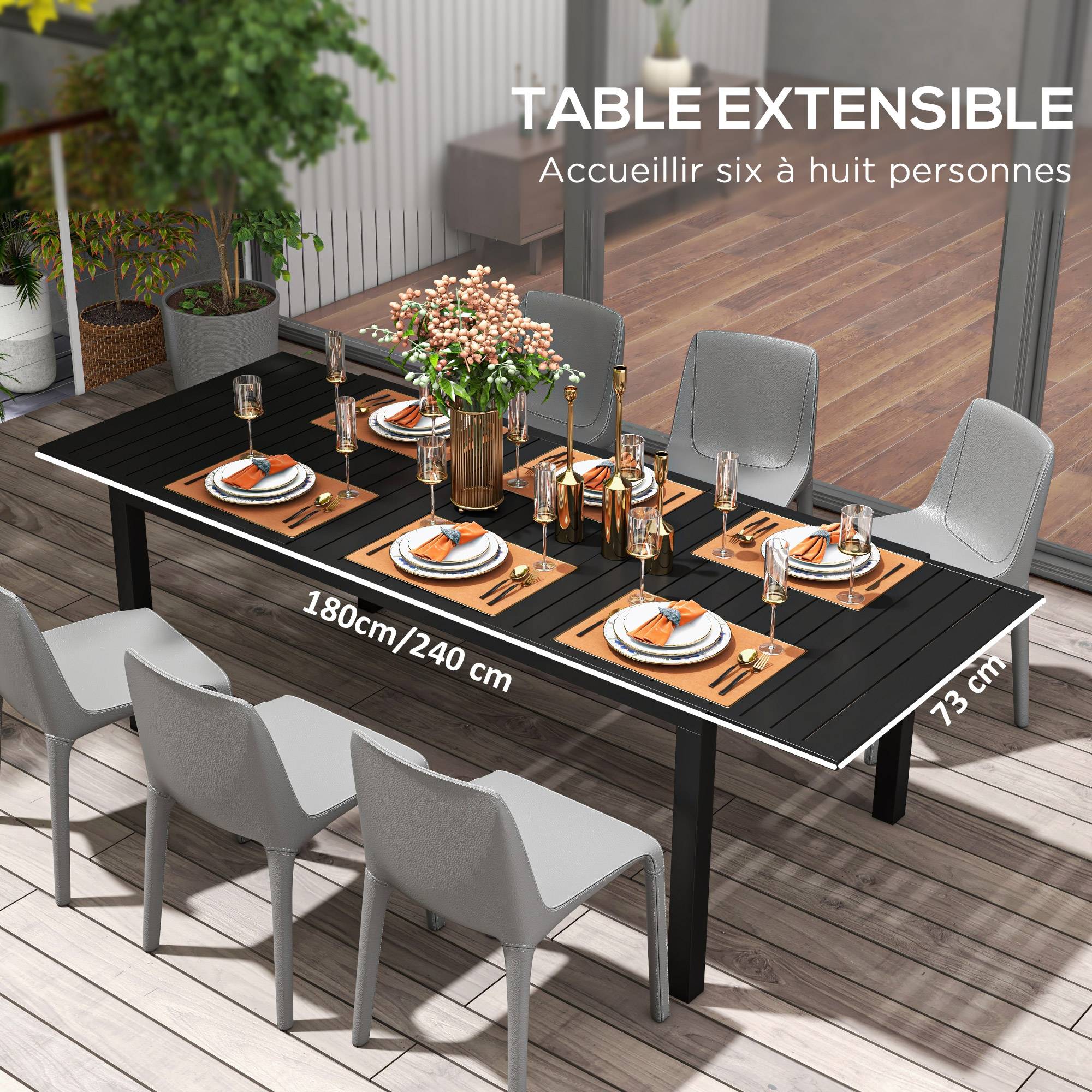 Table jardin extensible rectangulaire aluminium terrasse 8 personnes 240cm noir - ComfortXL Outdoor Living - Image 6