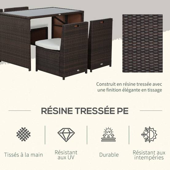 ComfortXL - Salon de jardin encastrable en résine tressée marron 4 places avec table et coussins pour terrasse et balcon - Image 3