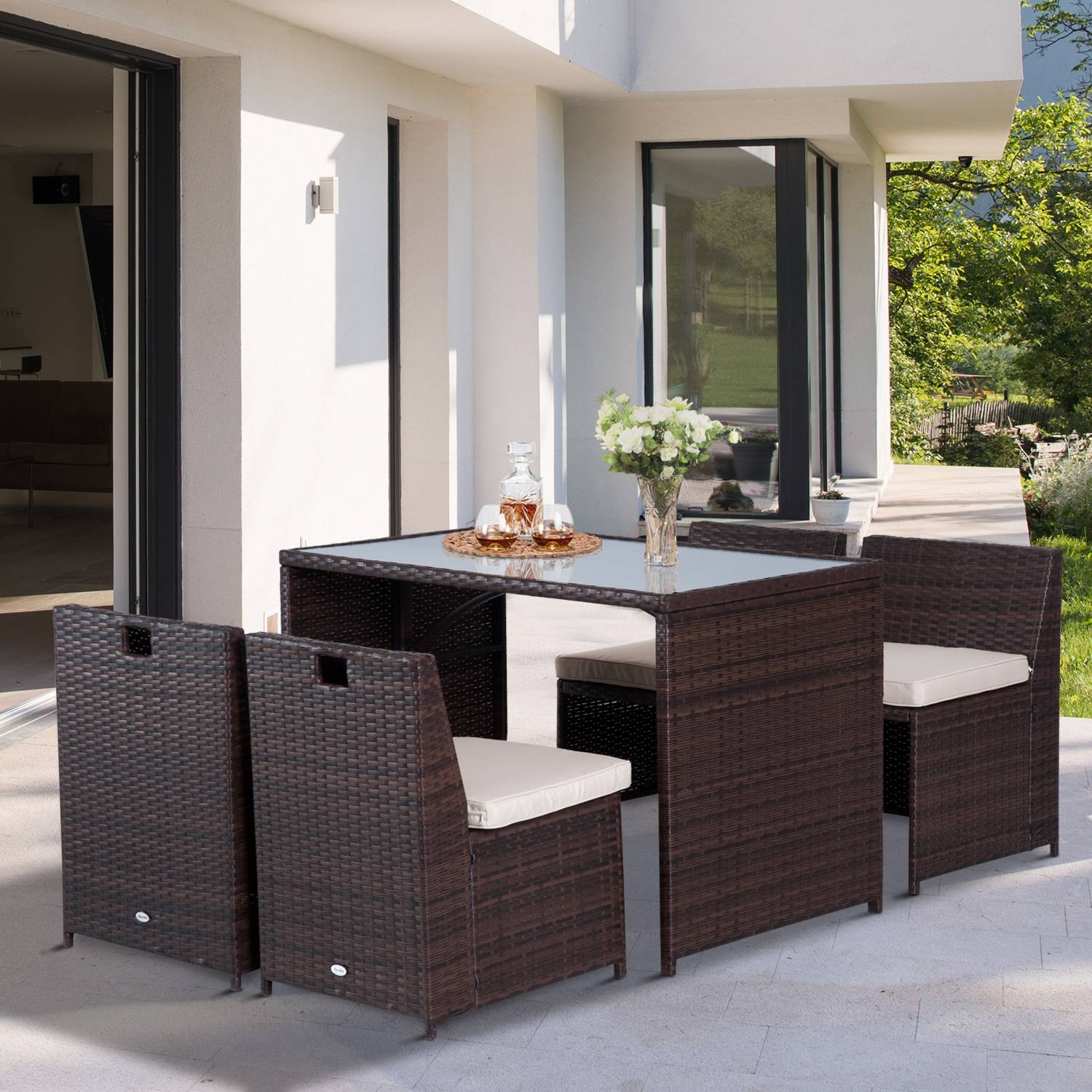 ComfortXL - Salon de jardin encastrable en résine tressée marron 4 places avec table et coussins pour terrasse et balcon