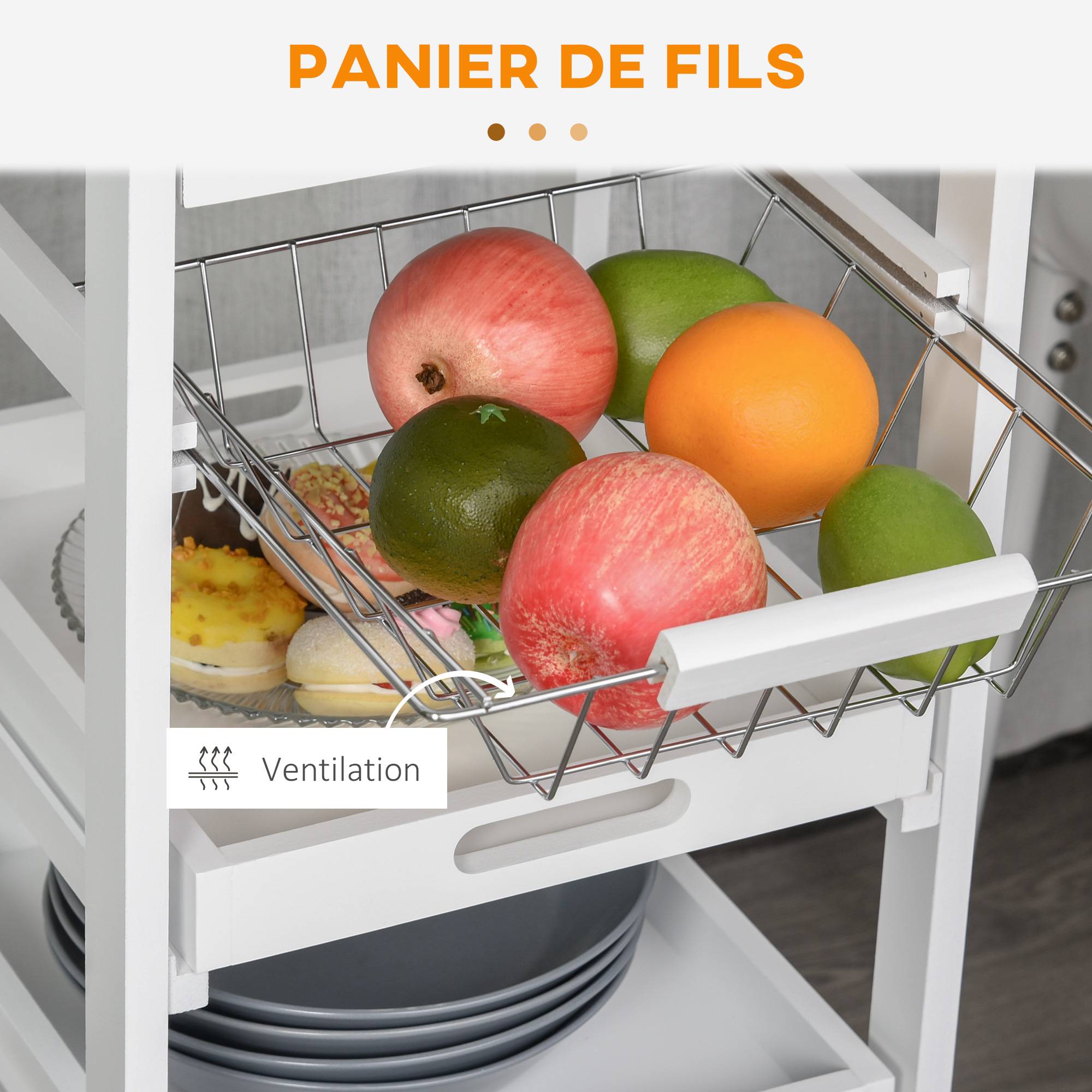 Chariot de service desserte de cuisine à roulettes panier + 2 plateaux amovibles, tiroir, étagère MDF chêne clair bois pin blanc - Image 8