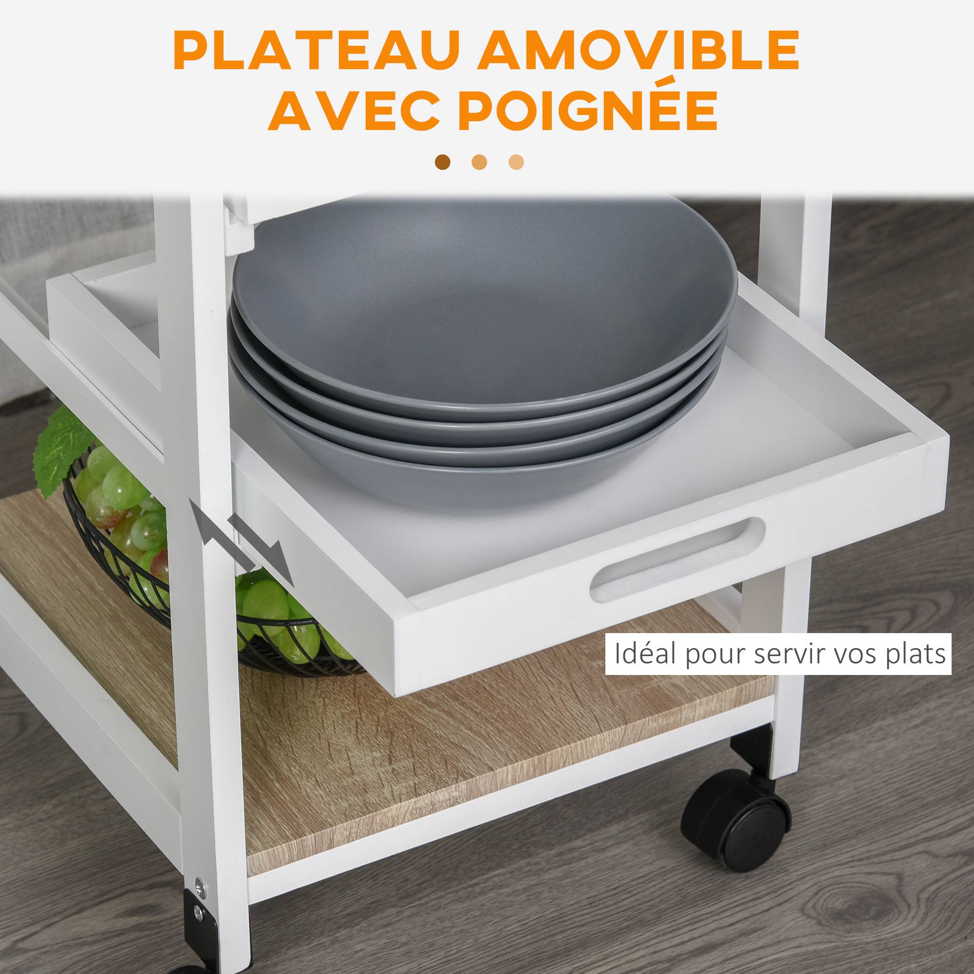 Chariot de service desserte de cuisine à roulettes panier + 2 plateaux amovibles, tiroir, étagère MDF chêne clair bois pin blanc - Image 7