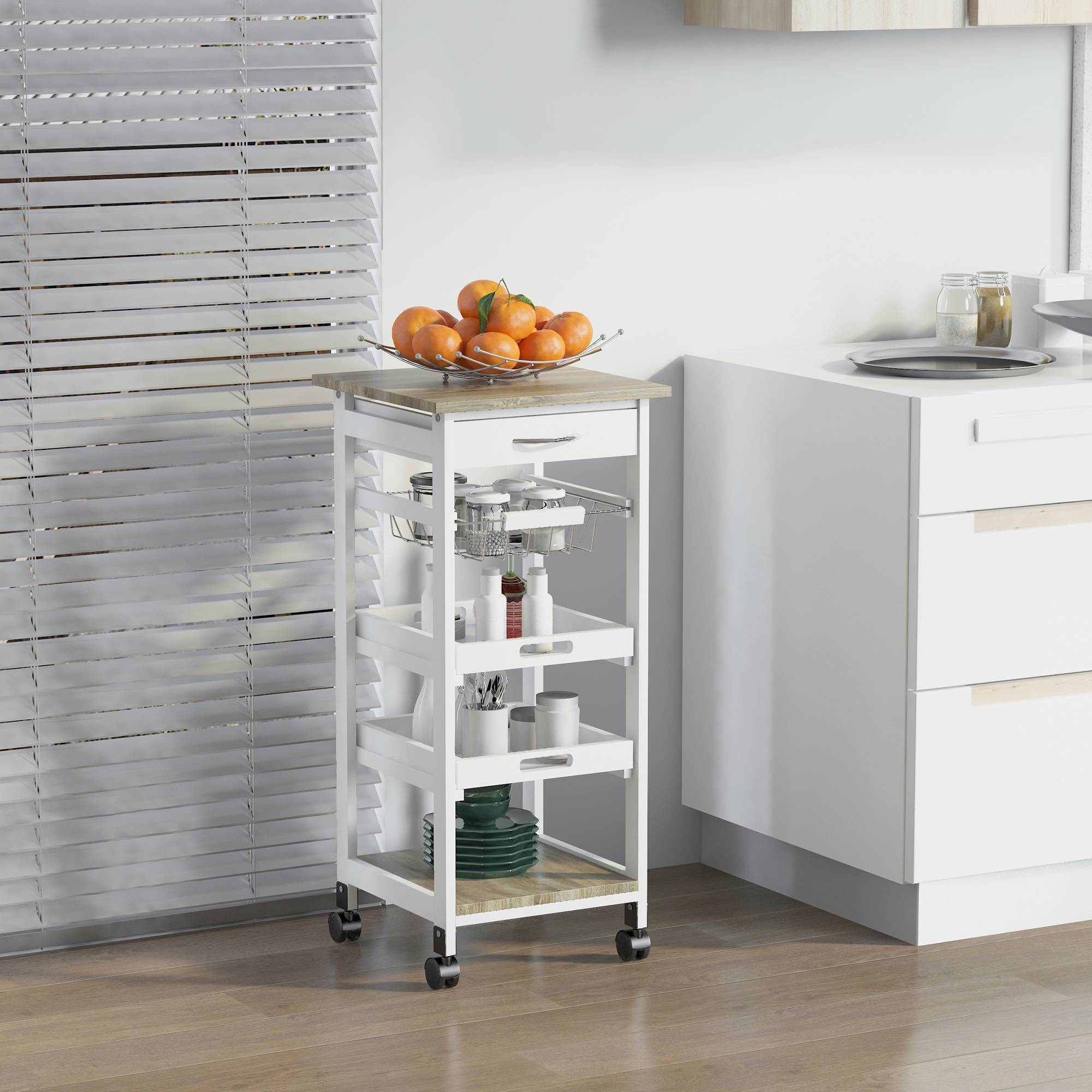 Chariot de service desserte de cuisine à roulettes panier + 2 plateaux amovibles, tiroir, étagère MDF chêne clair bois pin blanc - Image 3