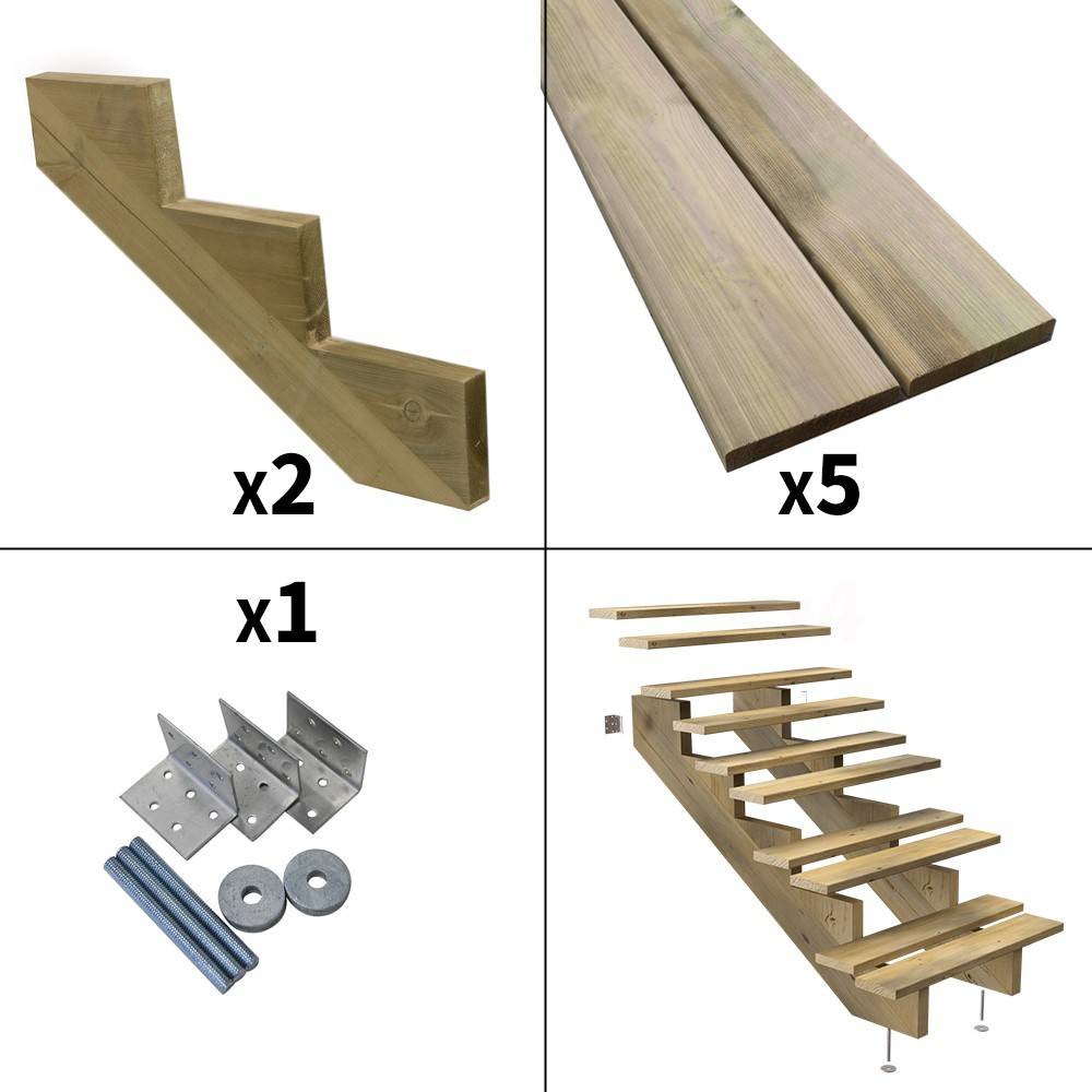 Escalier Bois Exterieur - 5 Marches - Largeur : 80 cm - Marches découpables - Sans Contremarches - Pin du Nord - Imagen 2