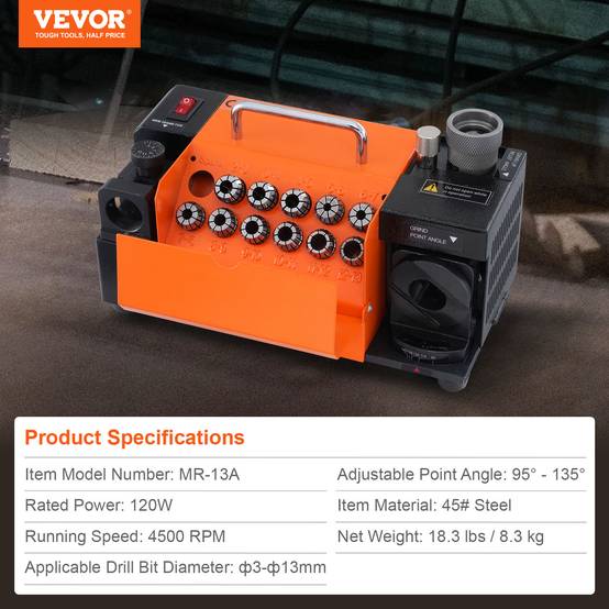 Vevor - VEVOR Affûteuse forets MR-13A 3-13 mm, angle 95°-135°, 120W, 11 pinces, meule CBN & SDC. - Image 7