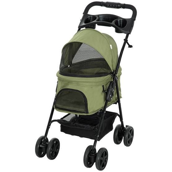 Poussette pour chien pliable, avec 2 laisses de sécurité et 2 porte-gobelets, 67 x 45 x 96 cm, kaki - Image 2