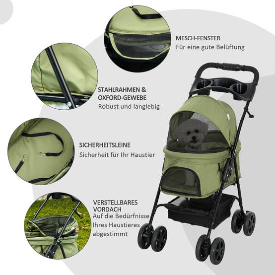 Poussette pour chien pliable, avec 2 laisses de sécurité et 2 porte-gobelets, 67 x 45 x 96 cm, kaki - Image 8
