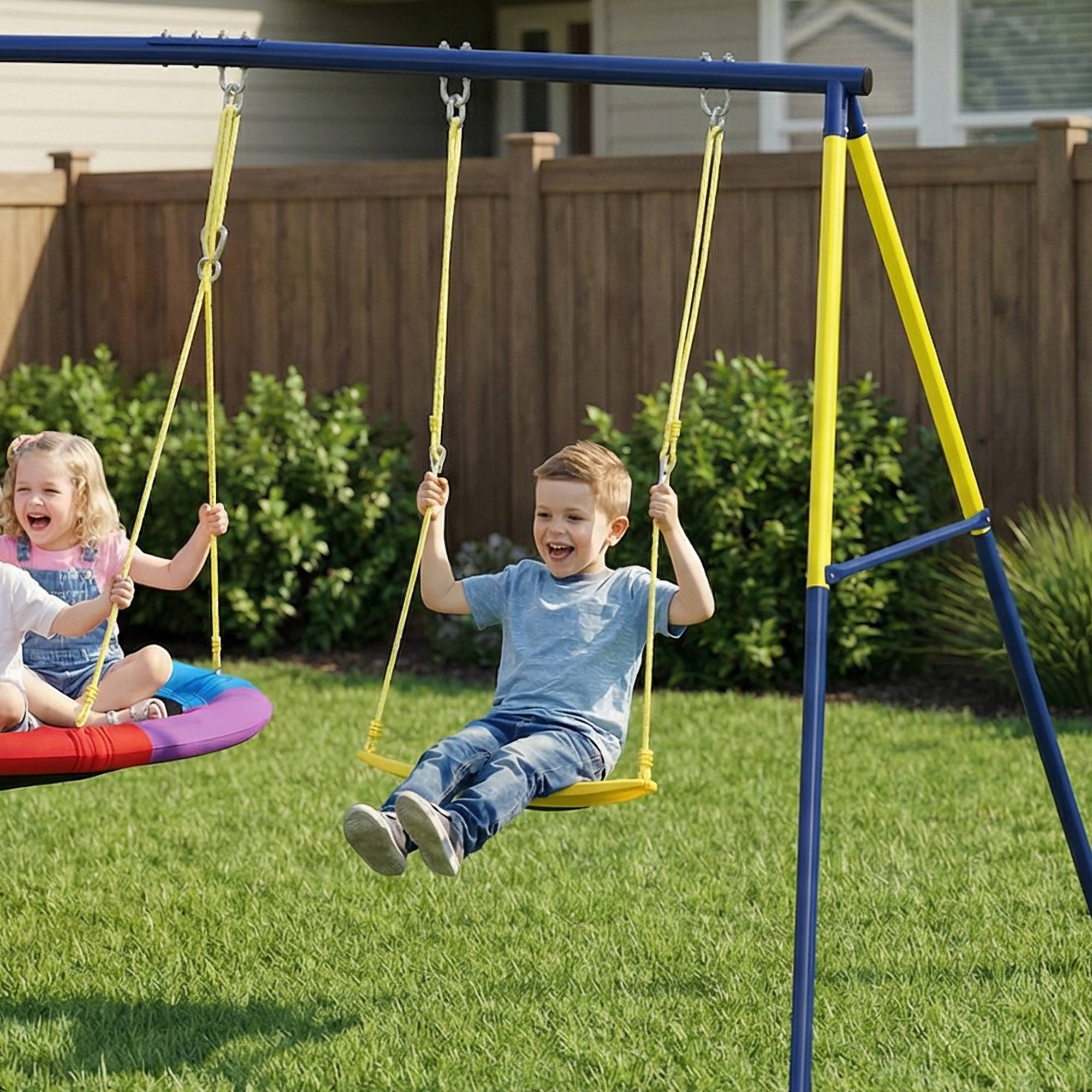 ComfortXL - Portique balançoire double en acier multicolore 265 x 160 x 178 cm pour jardin avec balançoire nid Ø 100 cm - Image 9