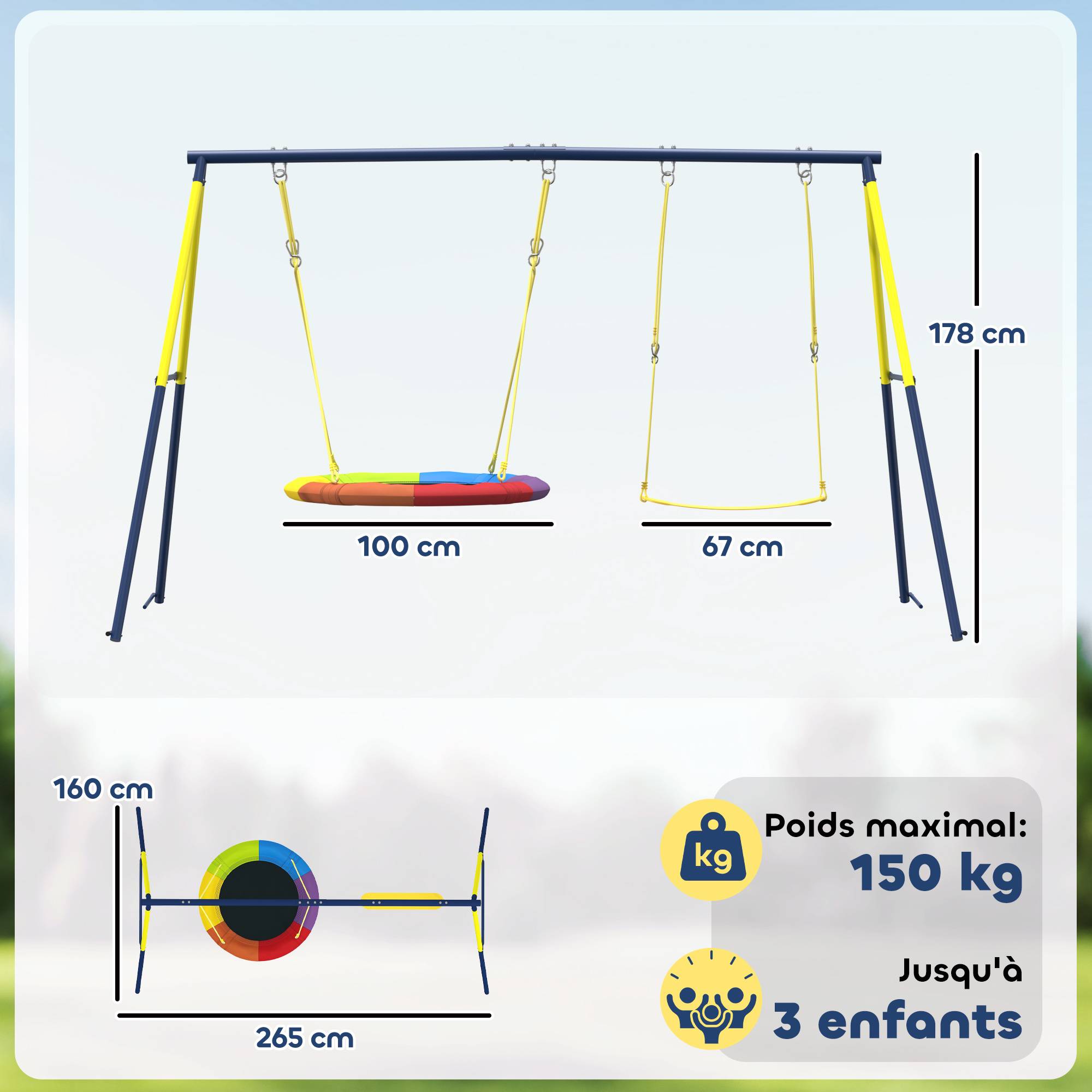 ComfortXL - Portique balançoire double en acier multicolore 265 x 160 x 178 cm pour jardin avec balançoire nid Ø 100 cm - Image 3