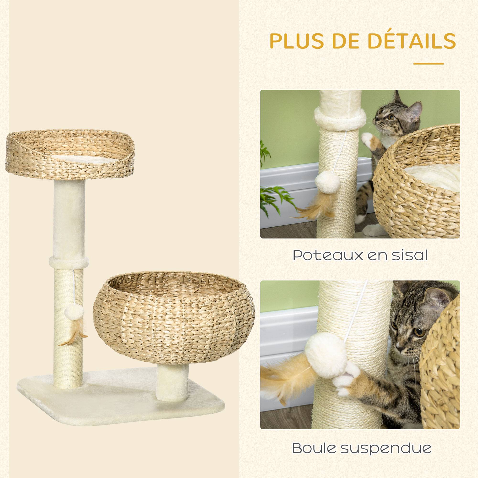 Pawhut - Arbre à chat griffoir 2 niveaux hauteur 72 cm poteau sisal avec niche et plate-forme 1 balle suspendue beige - Imagen 5