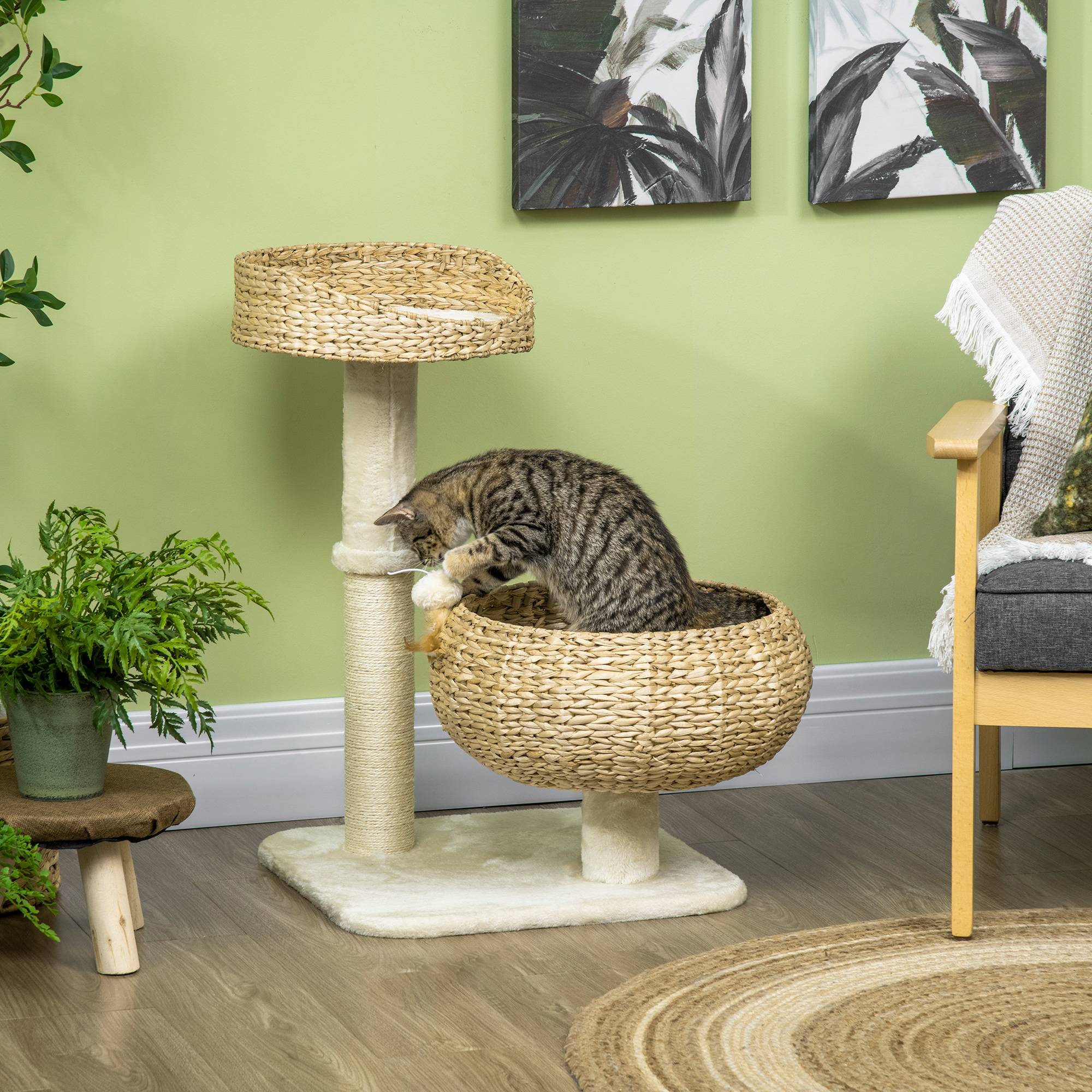 Pawhut - Arbre à chat griffoir 2 niveaux hauteur 72 cm poteau sisal avec niche et plate-forme 1 balle suspendue beige - Imagen 2