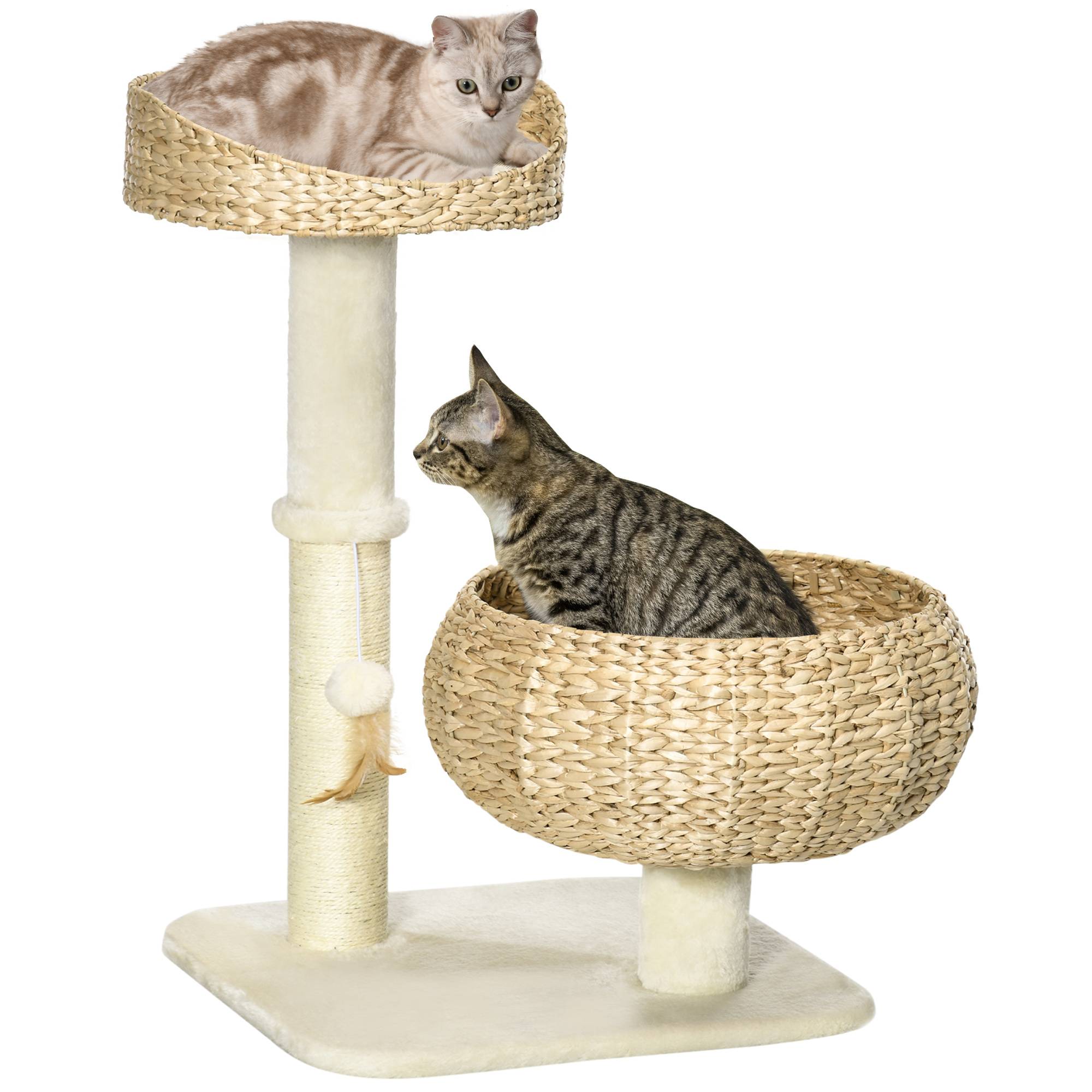 Pawhut - Arbre à chat griffoir 2 niveaux hauteur 72 cm poteau sisal avec niche et plate-forme 1 balle suspendue beige - Imagen 1