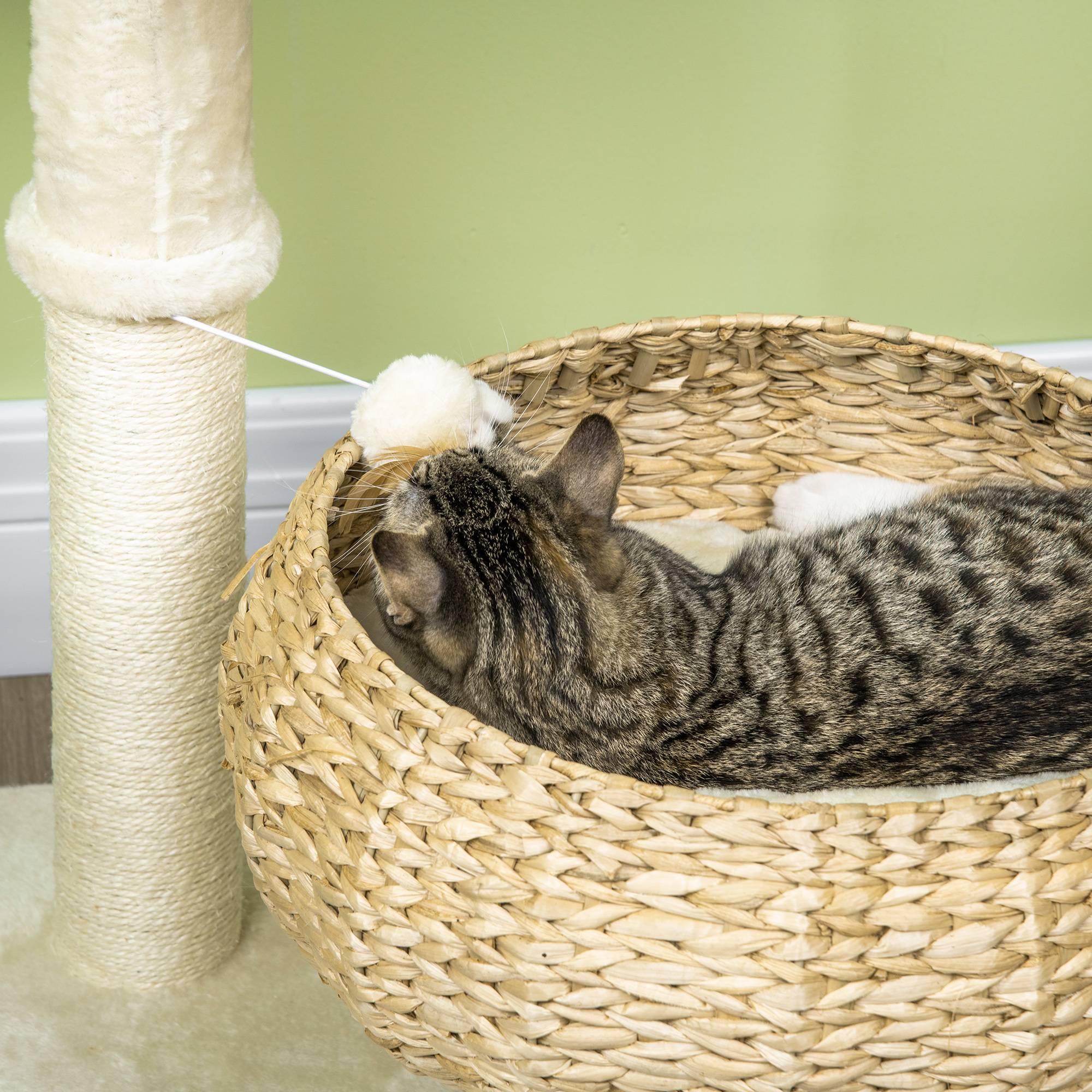 Pawhut - Arbre à chat griffoir 2 niveaux hauteur 72 cm poteau sisal avec niche et plate-forme 1 balle suspendue beige - Imagen 8