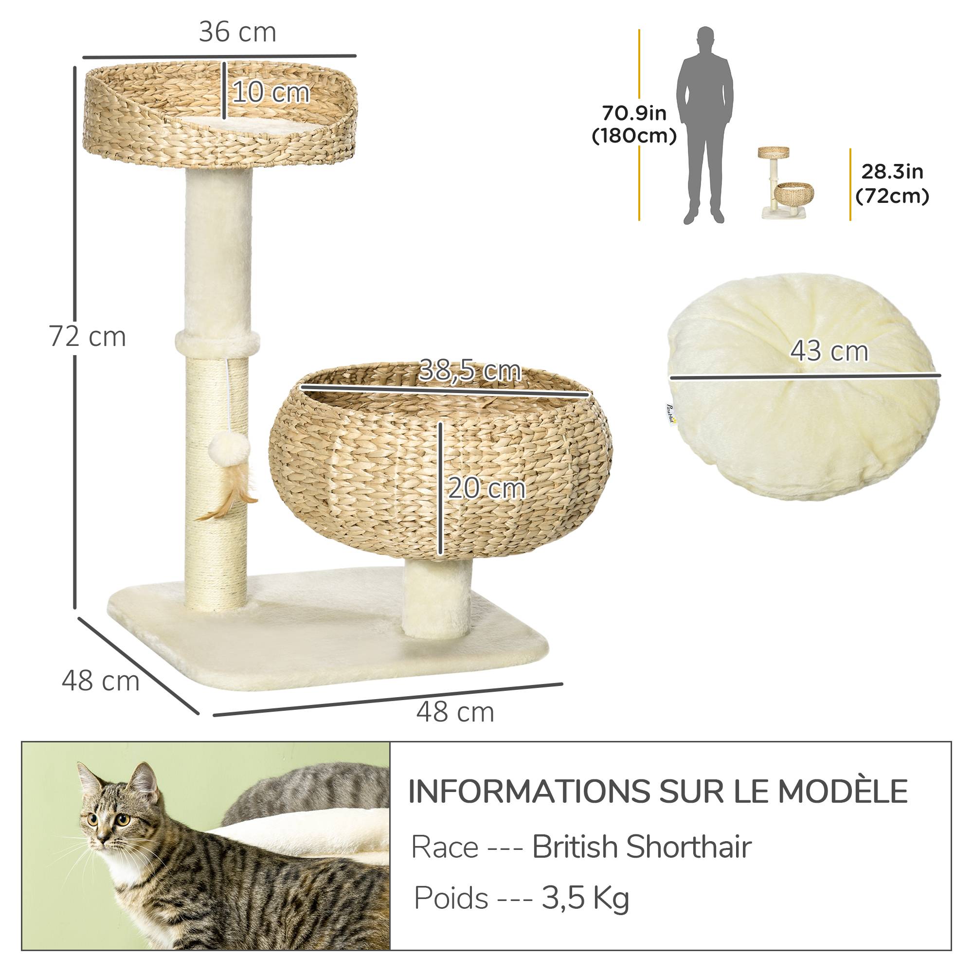 Pawhut - Arbre à chat griffoir 2 niveaux hauteur 72 cm poteau sisal avec niche et plate-forme 1 balle suspendue beige - Imagen 3