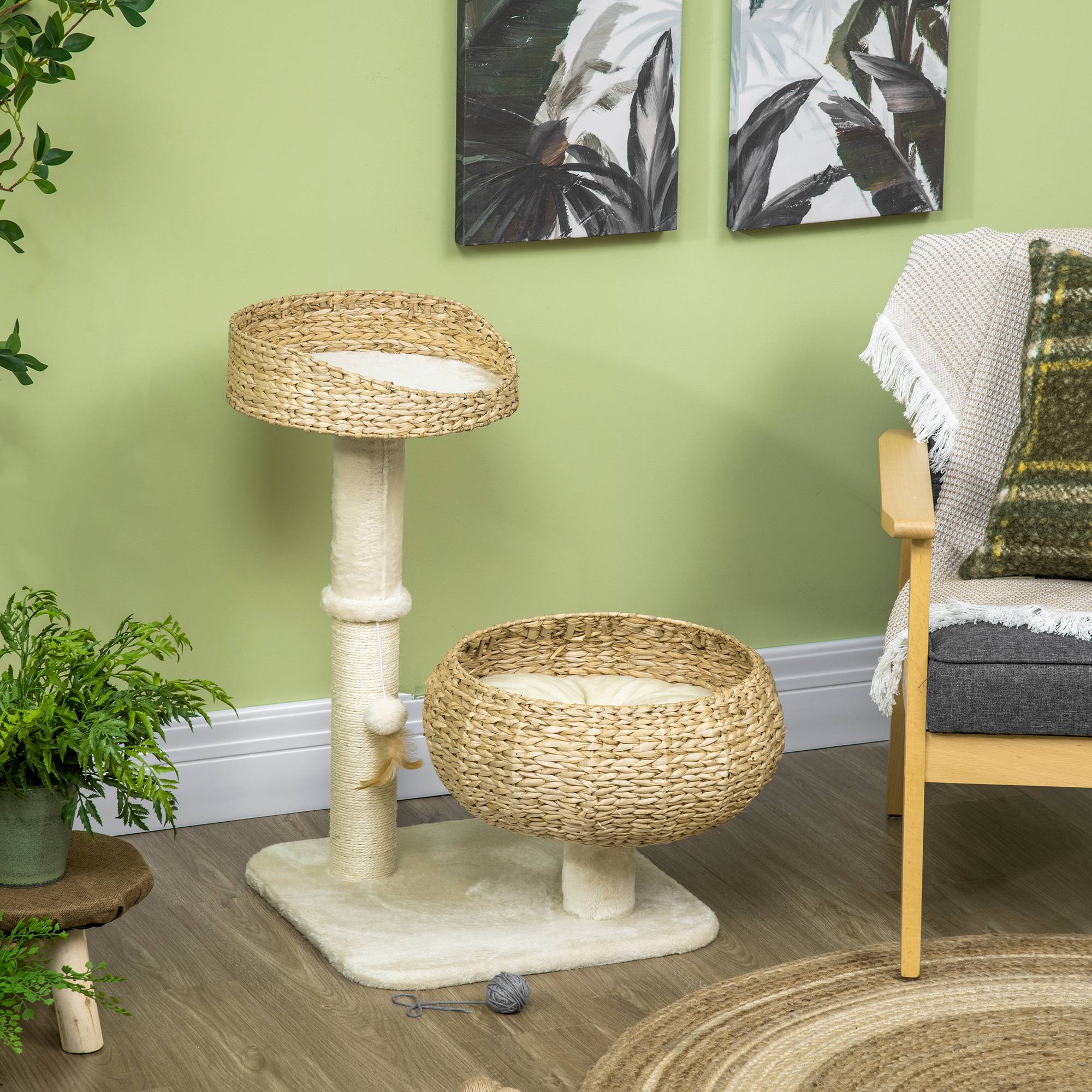 Pawhut - Arbre à chat griffoir 2 niveaux hauteur 72 cm poteau sisal avec niche et plate-forme 1 balle suspendue beige - Imagen 7