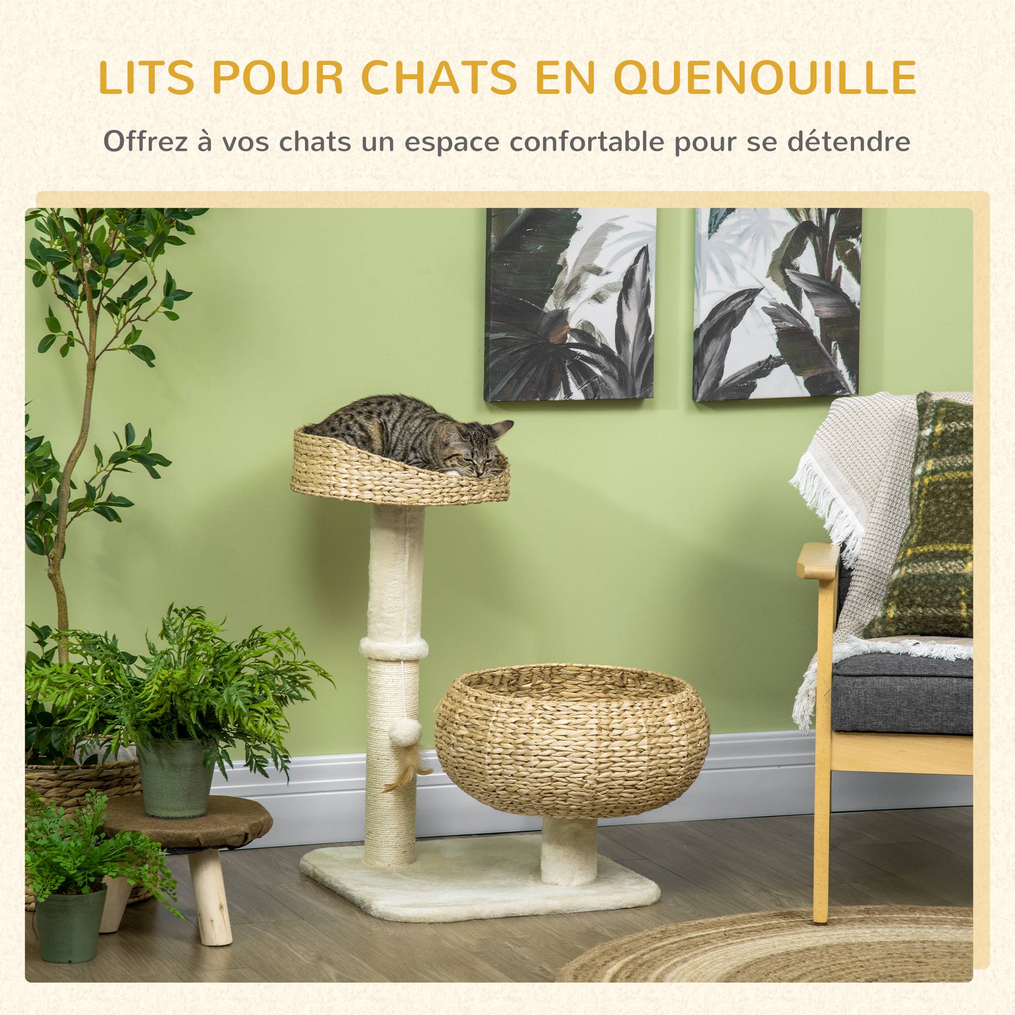 Pawhut - Arbre à chat griffoir 2 niveaux hauteur 72 cm poteau sisal avec niche et plate-forme 1 balle suspendue beige - Imagen 4