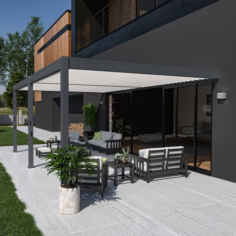 Ombrea - Pergola bioclimatique Ombréa adossée VS - 4x6M bicolore + 2 stores blancs - Image 1
