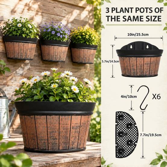 Lot de 3 Pots Suspendus Mural Style Rétro Résine avec Système de Drainage pour Plantes Fleurs - Image 2