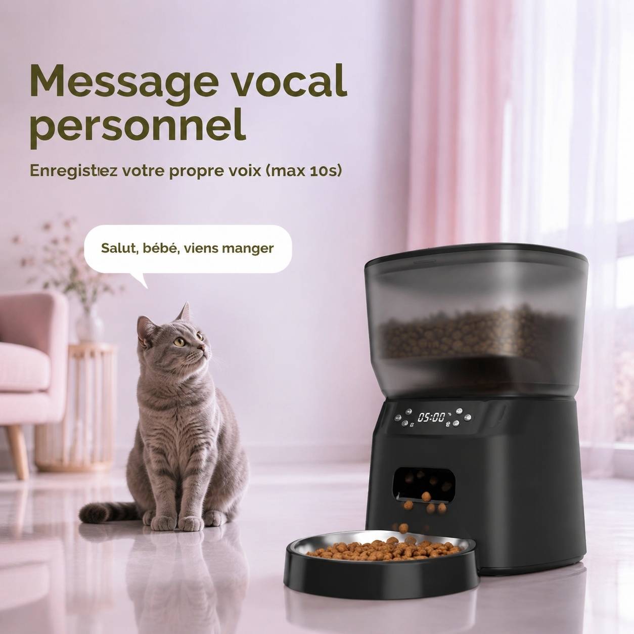 Distributeur Automatique Croquettes 4l + Fontaine Eau 2.5l Enregistrement Vocal Nettoyage Facile - Image 3