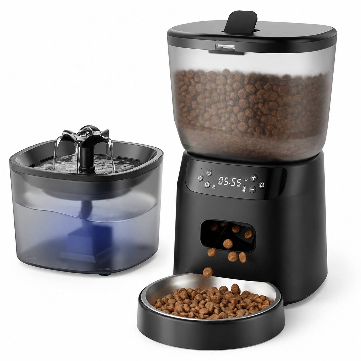 Distributeur Automatique Croquettes 4l + Fontaine Eau 2.5l Enregistrement Vocal Nettoyage Facile - Image 1