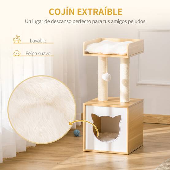 Arbre à Chat Moderne 2 Niveaux Niche et Lit Coussins Lavables Chêne et Blanc 81 cm - ComfortXL Outdoor Living - Image 6