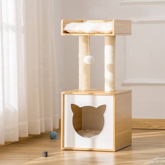 Arbre à Chat Moderne 2 Niveaux Niche et Lit Coussins Lavables Chêne et Blanc 81 cm - ComfortXL Outdoor Living - Image 3