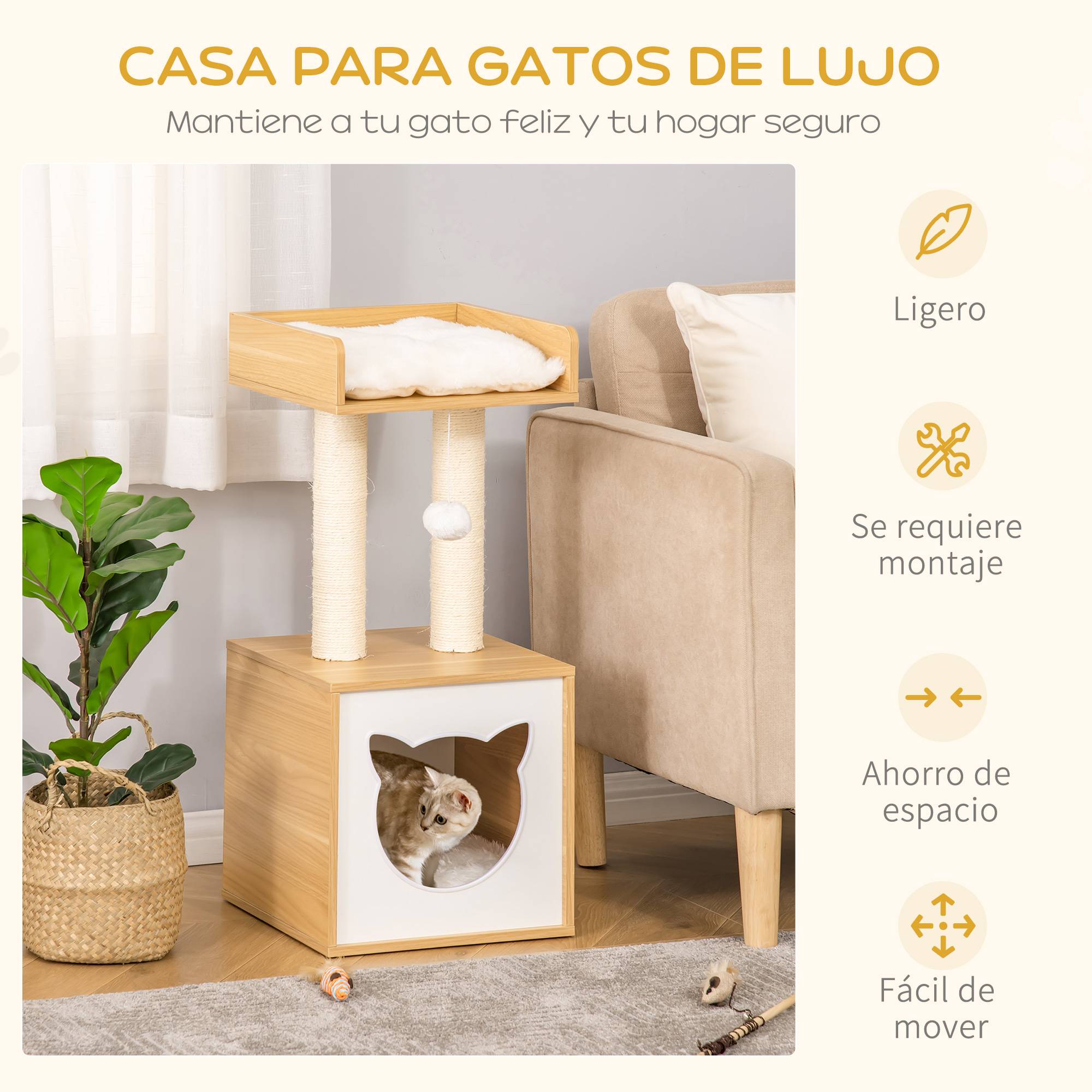 Arbre à Chat Moderne 2 Niveaux Niche et Lit Coussins Lavables Chêne et Blanc 81 cm - ComfortXL Outdoor Living - Image 7