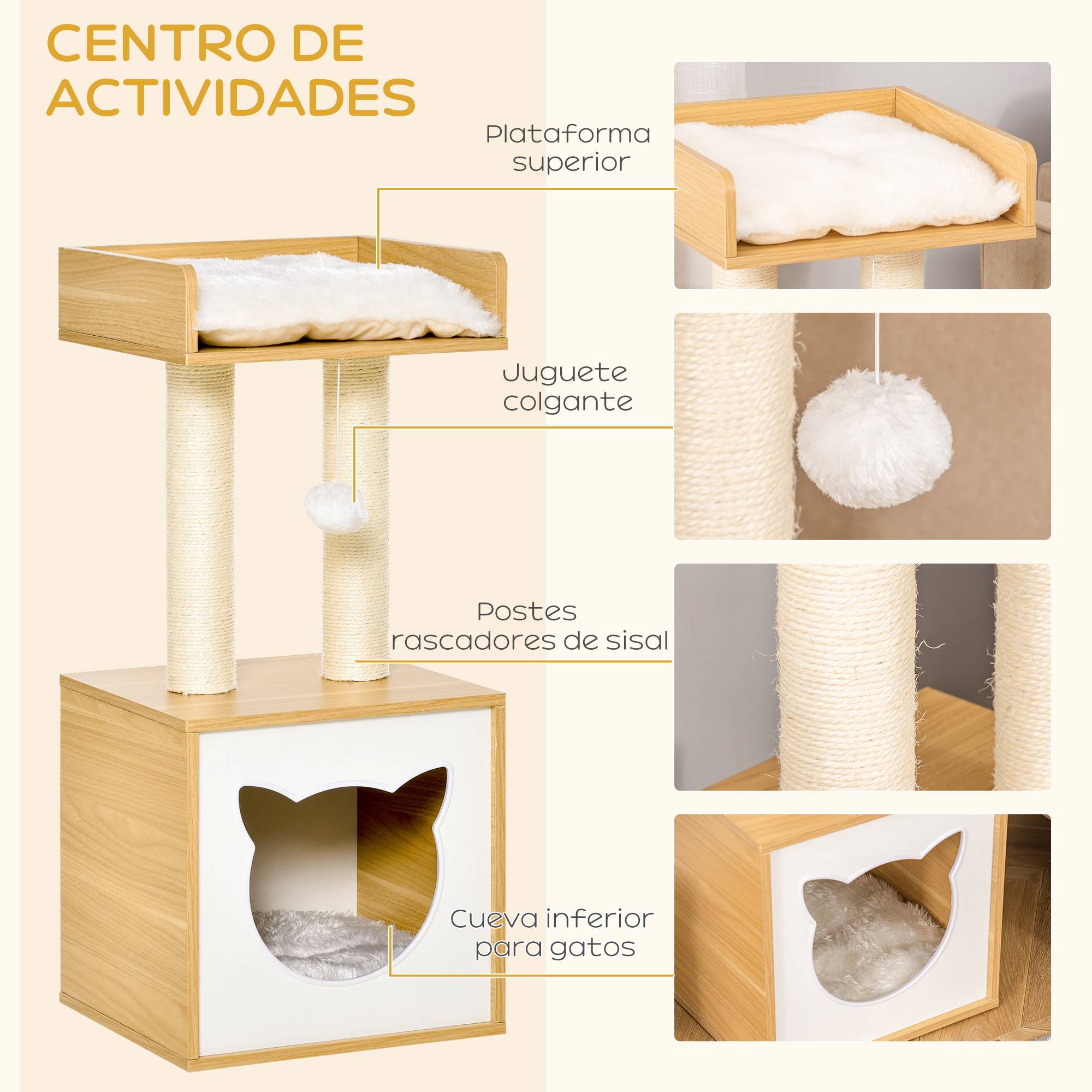 Arbre à Chat Moderne 2 Niveaux Niche et Lit Coussins Lavables Chêne et Blanc 81 cm - ComfortXL Outdoor Living - Image 5