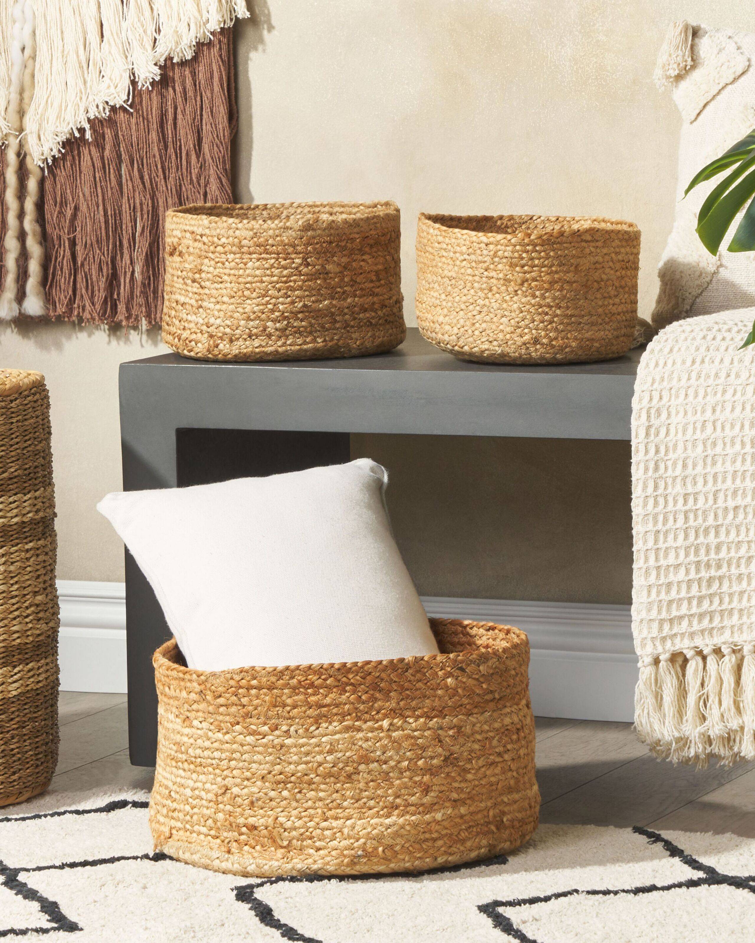 Beliani - Lot de 3 Paniers de Linge en Jute Naturelle Beige 12/16/21 cm de Hauteur Accessoire Rangement Décoration Boho - Imagen 2