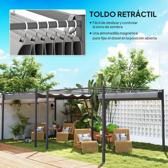 Pergola Adossée 3x3m en Métal Toit Rétractable Coulissant Protection UV Gris - ComfortXL Outdoor Living - Image 6