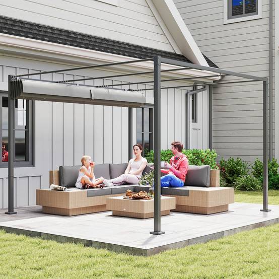 Pergola Adossée 3x3m en Métal Toit Rétractable Coulissant Protection UV Gris - ComfortXL Outdoor Living - Image 10