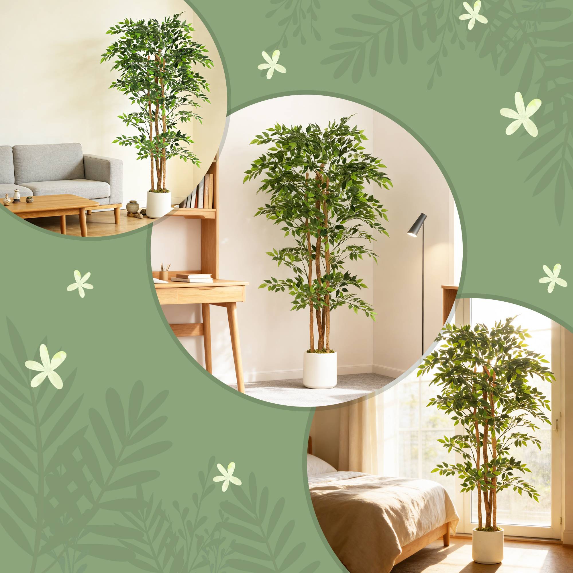 Faux banian artificiel, tronc bois massif, pot, salon chambre bureau, 75x75x180 cm, vert - Image 9