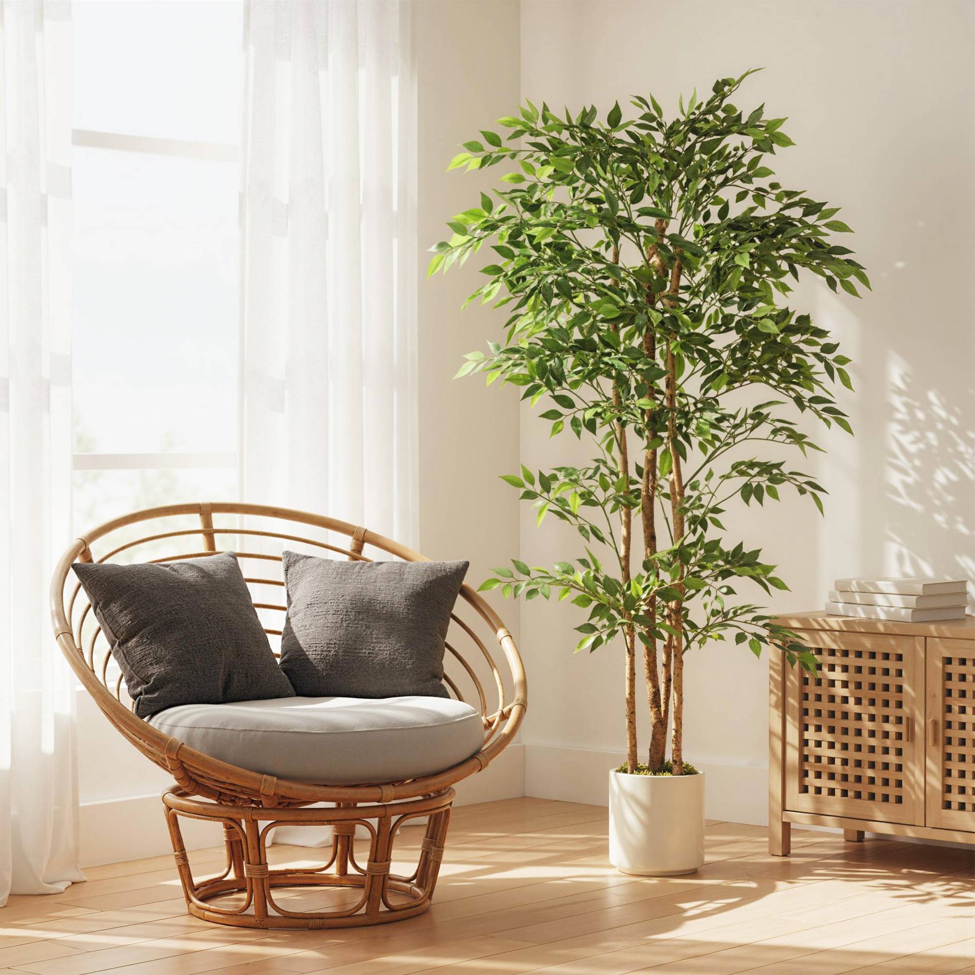 Faux banian artificiel, tronc bois massif, pot, salon chambre bureau, 75x75x180 cm, vert - Image 3