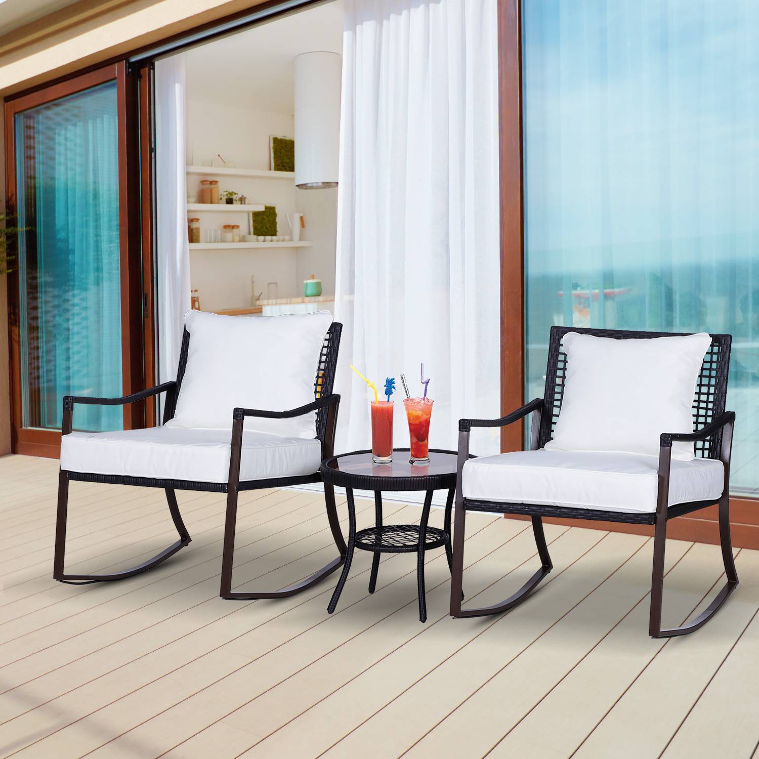 Outsunny - Outsunny Ensemble de jardin 3 pièces style cosy 2 fauteuils à bascule avec coussins assise dossier + table basse résine tressée brun crème - Outsunny - Imagen 2
