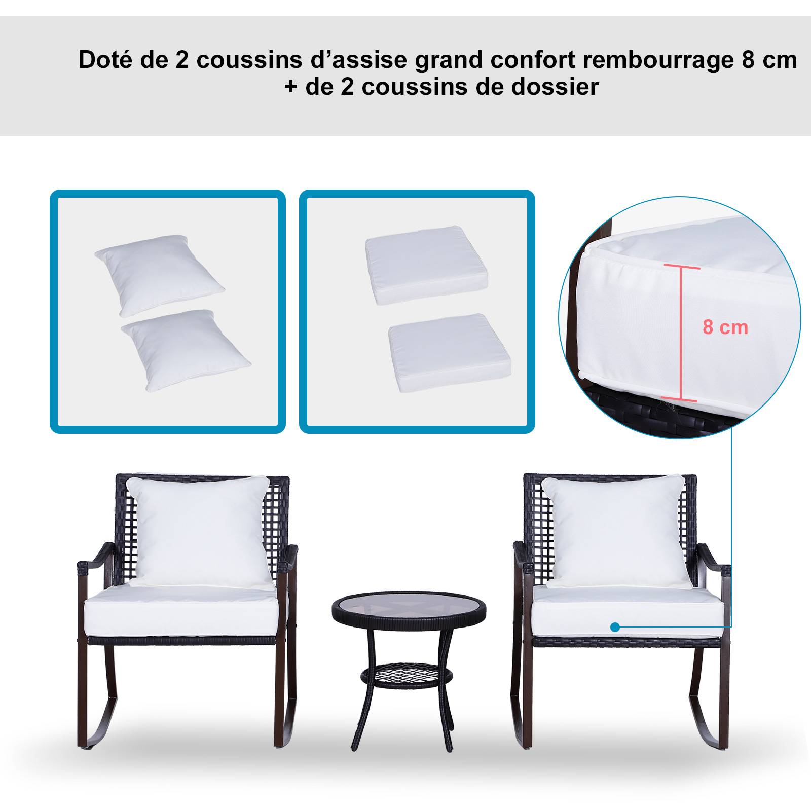 Outsunny - Outsunny Ensemble de jardin 3 pièces style cosy 2 fauteuils à bascule avec coussins assise dossier + table basse résine tressée brun crème - Outsunny - Imagen 4