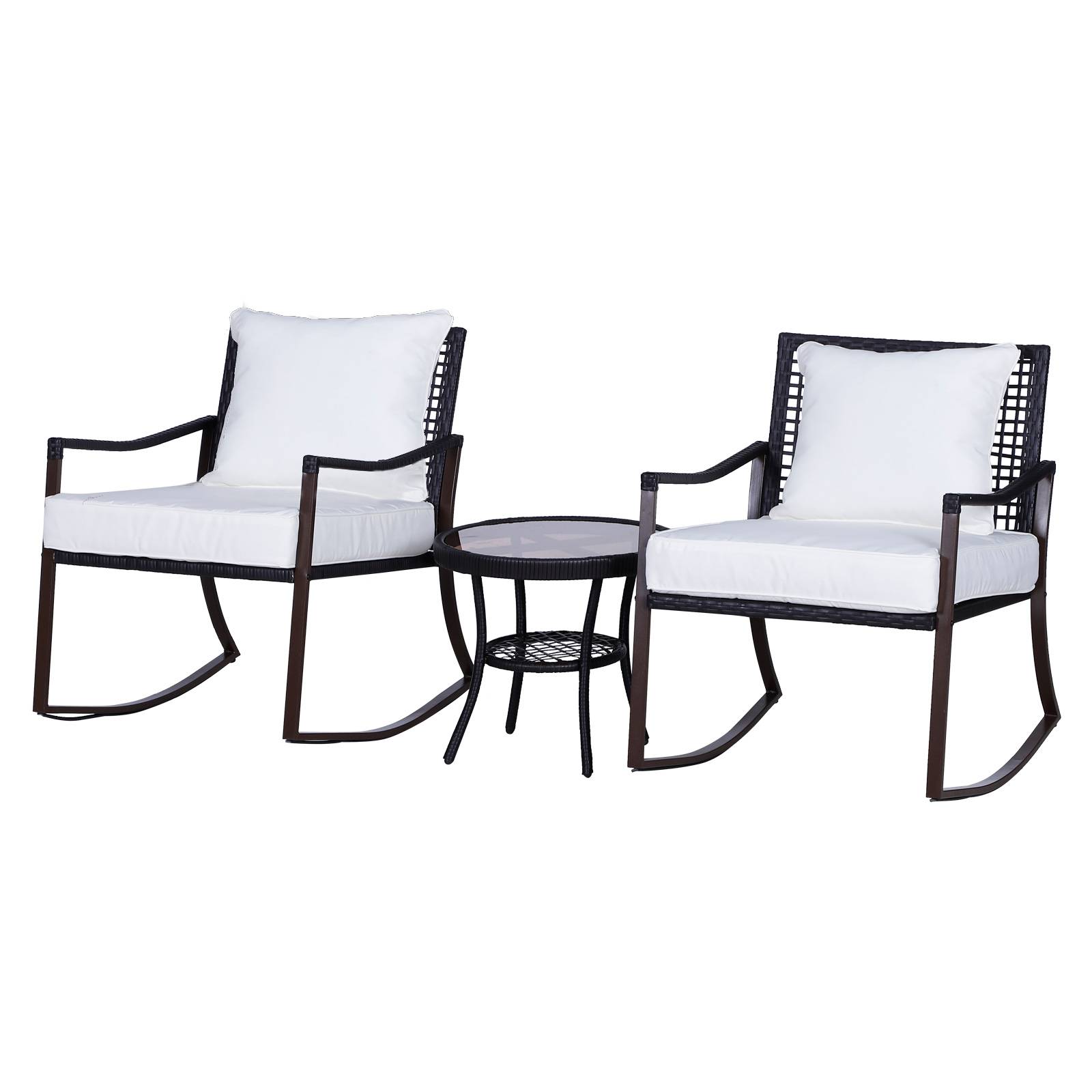Outsunny - Outsunny Ensemble de jardin 3 pièces style cosy 2 fauteuils à bascule avec coussins assise dossier + table basse résine tressée brun crème - Outsunny - Imagen 1