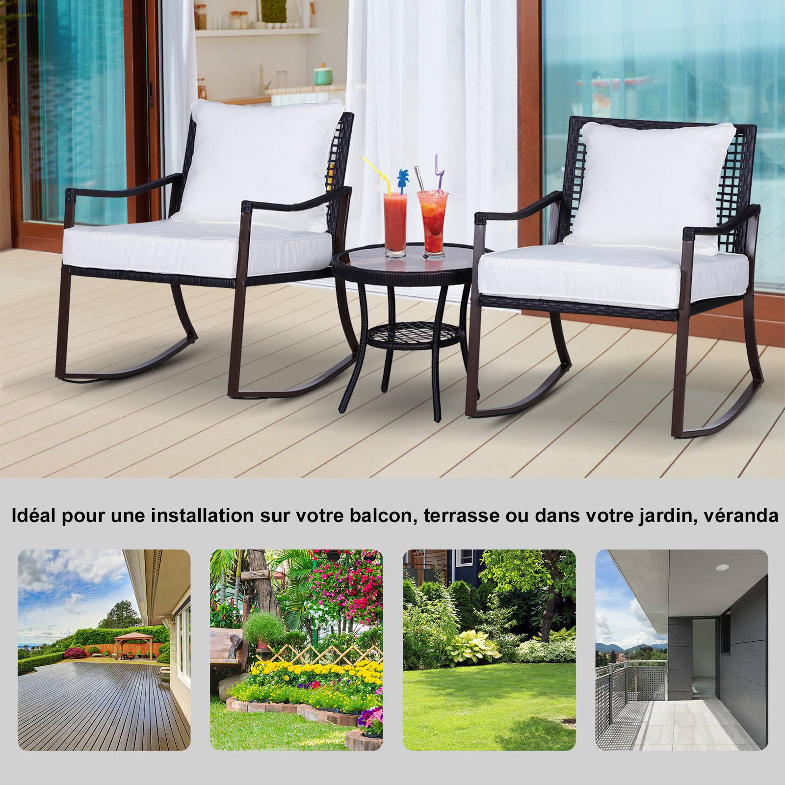 Outsunny - Outsunny Ensemble de jardin 3 pièces style cosy 2 fauteuils à bascule avec coussins assise dossier + table basse résine tressée brun crème - Outsunny - Imagen 8