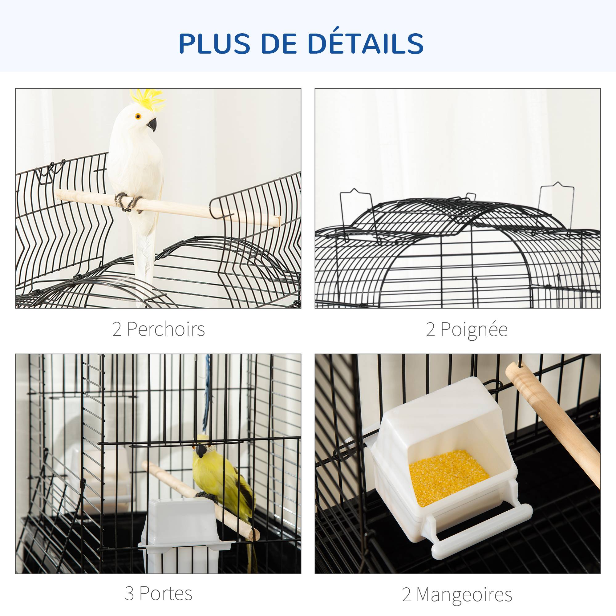 Pawhut - Cage à oiseaux volière amovible roulettes - toit ouvrant, tiroir déjection, perchoirs, trappes, porte, mangeoires, poignées - étagère - acier PP noir - Imagen 6