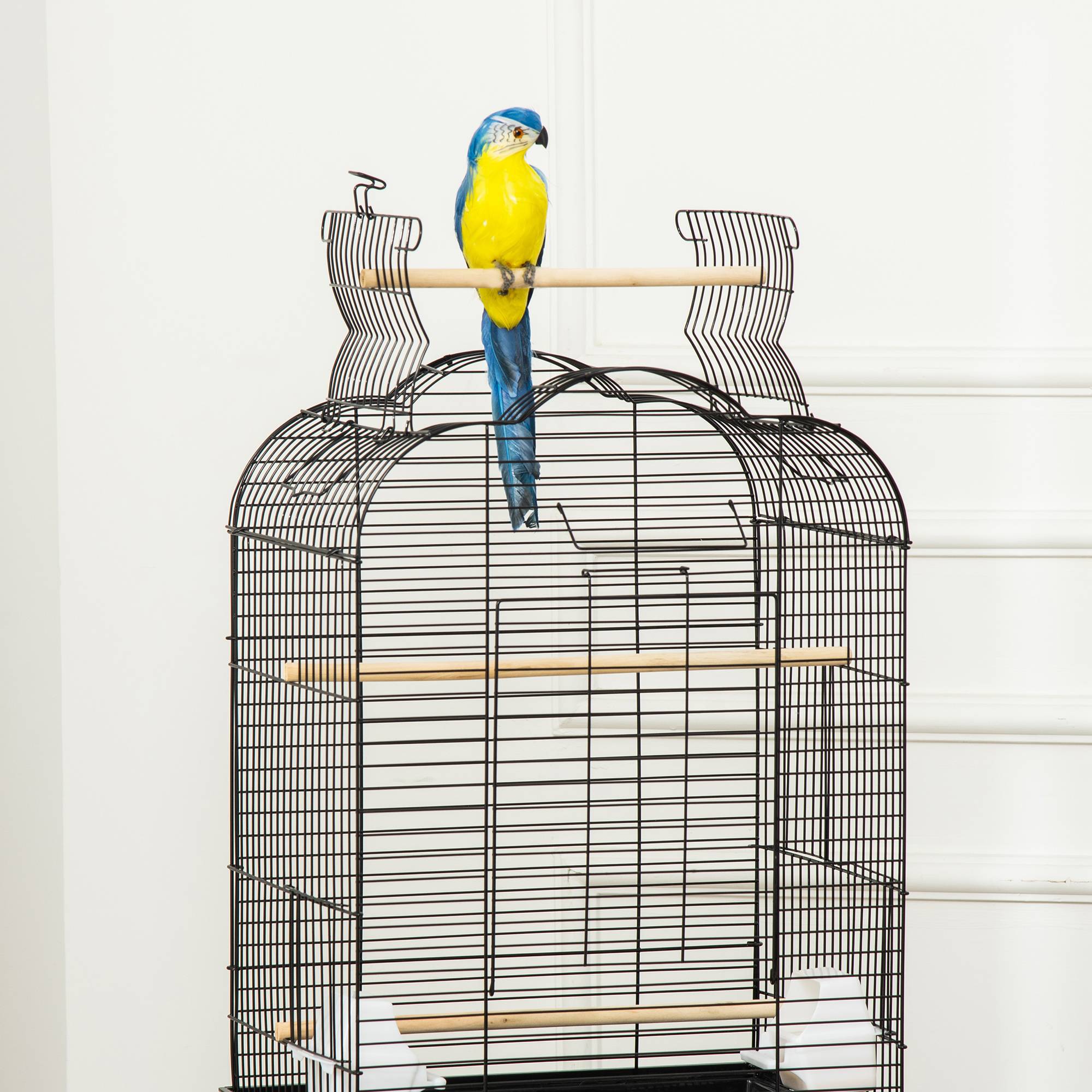 Pawhut - Cage à oiseaux volière amovible roulettes - toit ouvrant, tiroir déjection, perchoirs, trappes, porte, mangeoires, poignées - étagère - acier PP noir - Imagen 8