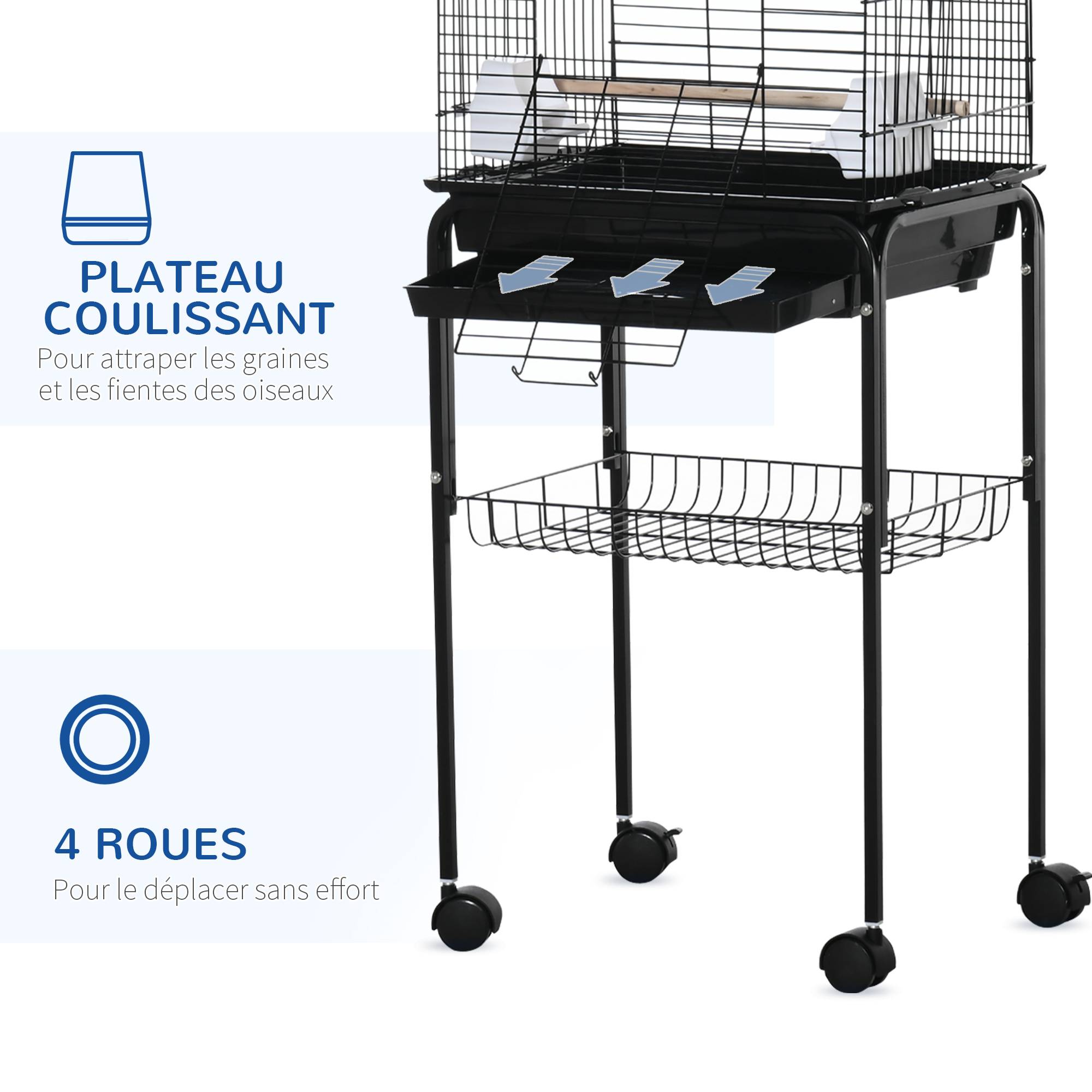 Pawhut - Cage à oiseaux volière amovible roulettes - toit ouvrant, tiroir déjection, perchoirs, trappes, porte, mangeoires, poignées - étagère - acier PP noir - Imagen 7