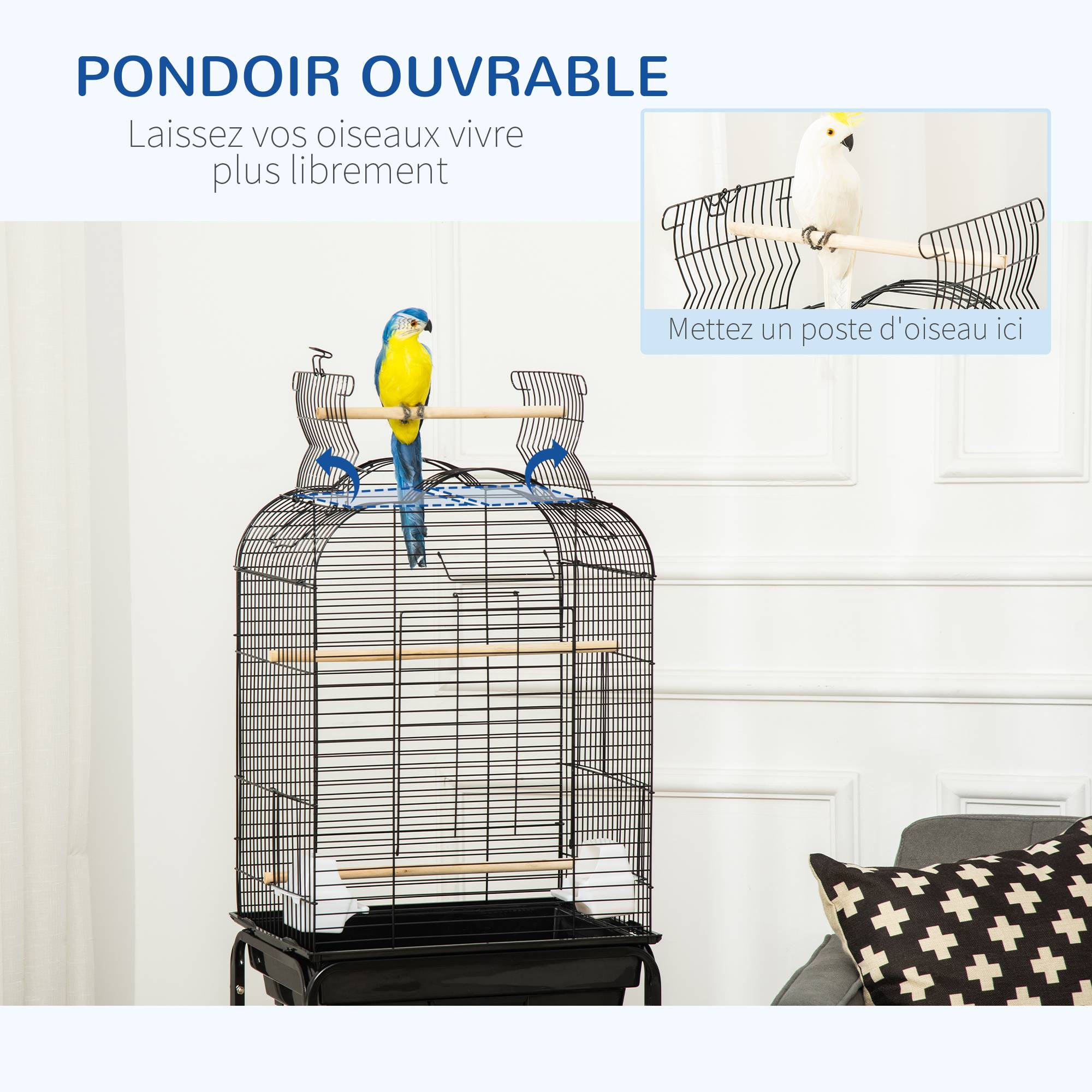 Pawhut - Cage à oiseaux volière amovible roulettes - toit ouvrant, tiroir déjection, perchoirs, trappes, porte, mangeoires, poignées - étagère - acier PP noir - Imagen 5