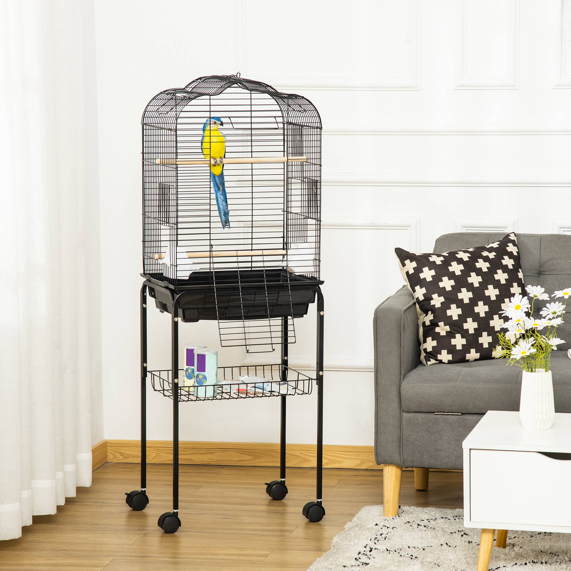 Pawhut - Cage à oiseaux volière amovible roulettes - toit ouvrant, tiroir déjection, perchoirs, trappes, porte, mangeoires, poignées - étagère - acier PP noir - Imagen 2