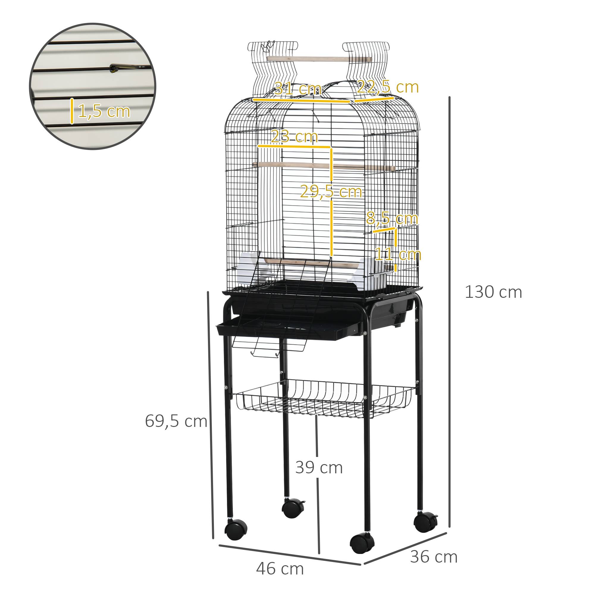 Pawhut - Cage à oiseaux volière amovible roulettes - toit ouvrant, tiroir déjection, perchoirs, trappes, porte, mangeoires, poignées - étagère - acier PP noir - Imagen 3