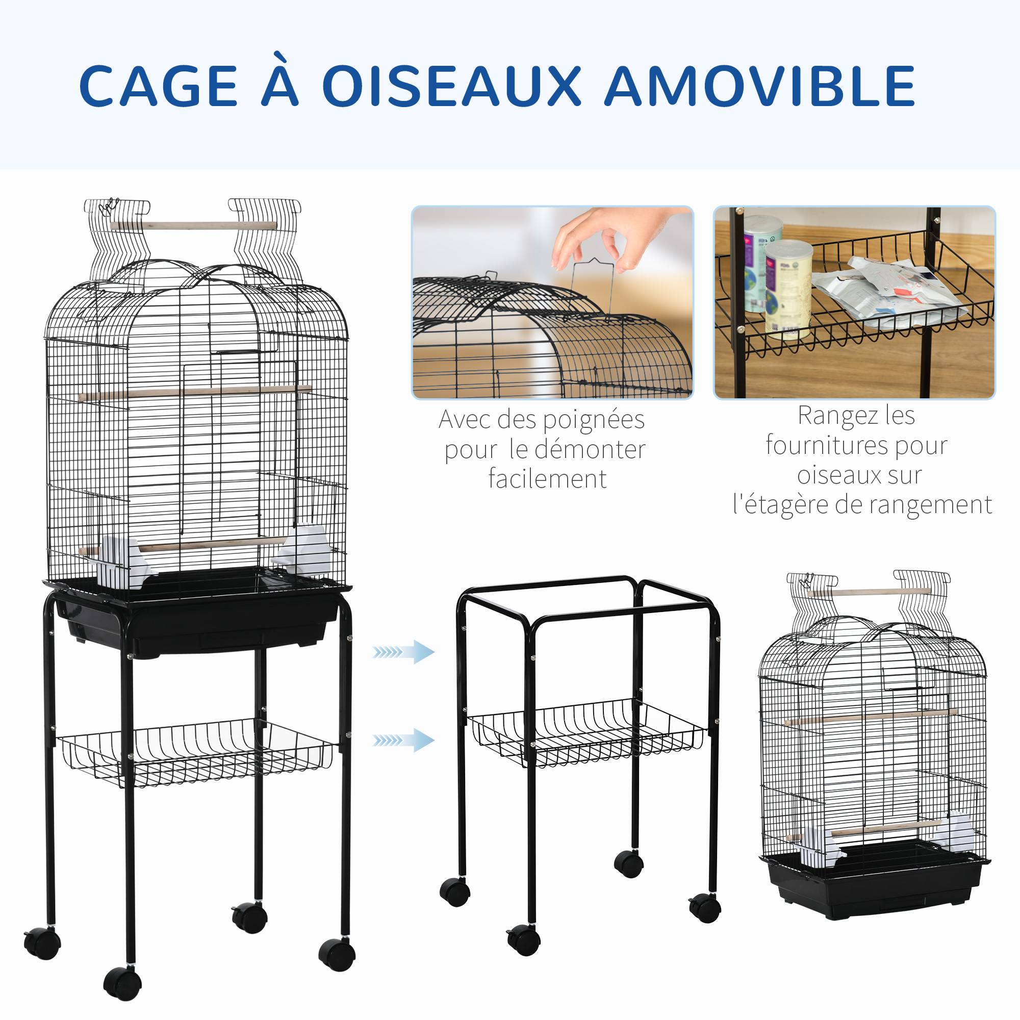 Pawhut - Cage à oiseaux volière amovible roulettes - toit ouvrant, tiroir déjection, perchoirs, trappes, porte, mangeoires, poignées - étagère - acier PP noir - Imagen 4