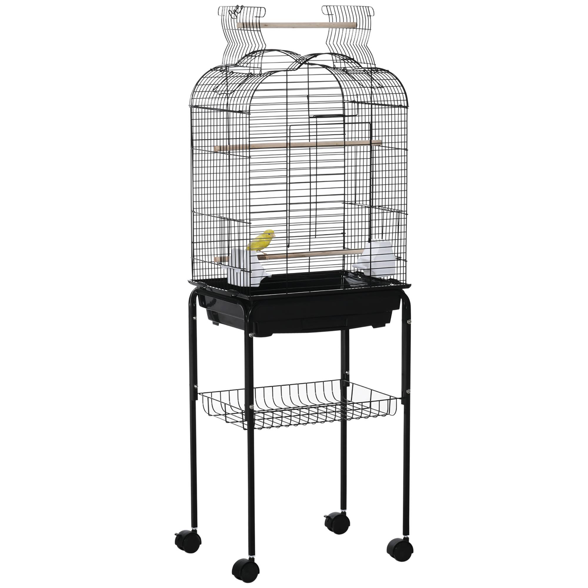 Pawhut - Cage à oiseaux volière amovible roulettes - toit ouvrant, tiroir déjection, perchoirs, trappes, porte, mangeoires, poignées - étagère - acier PP noir - Imagen 1