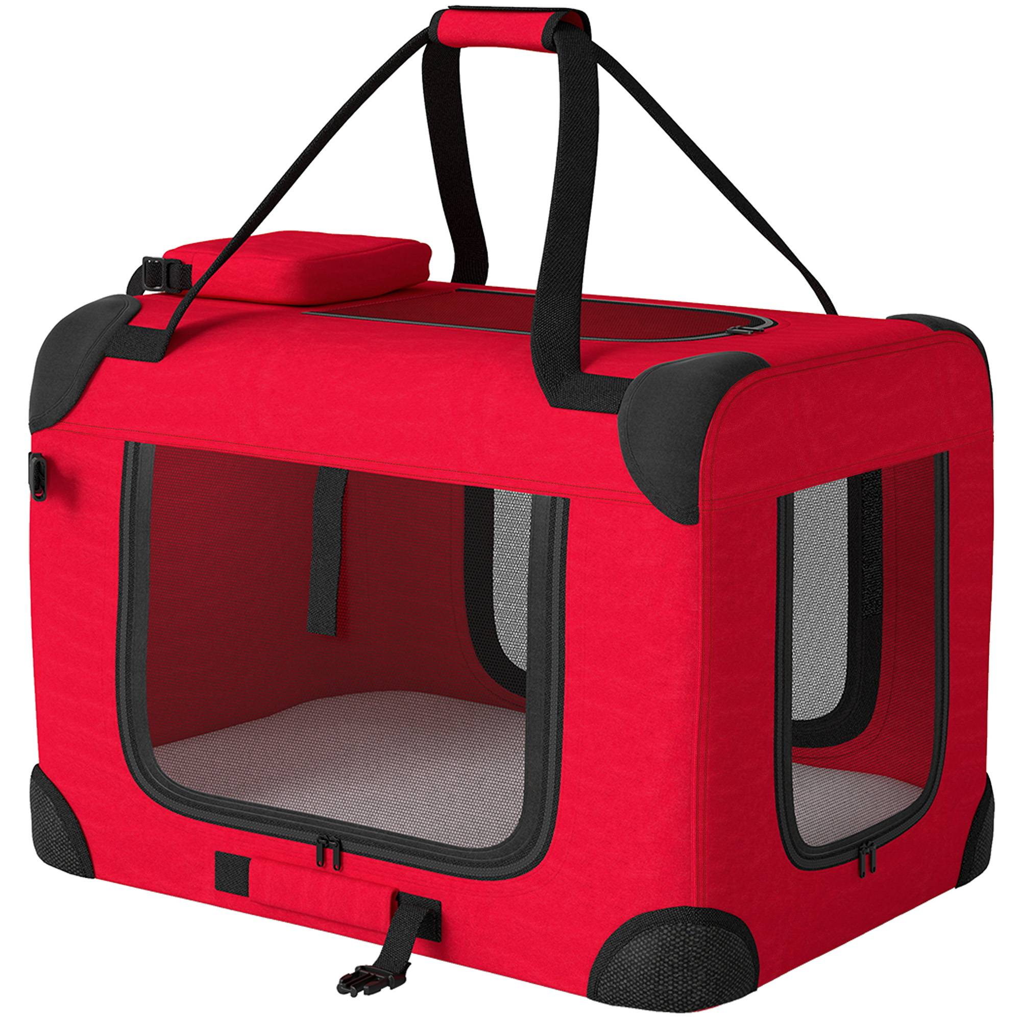 Sac de transport pliable pour chiens et chats (60 x 41,5 x 41 cm) avec fenêtres en filet, coussin moelleux et 2 poignées, rouge. - Image 2